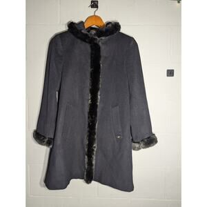 Ellen Tracy Womens Black Wool blend Coat 4P Faux Fur Collar Cuffs sophisticated